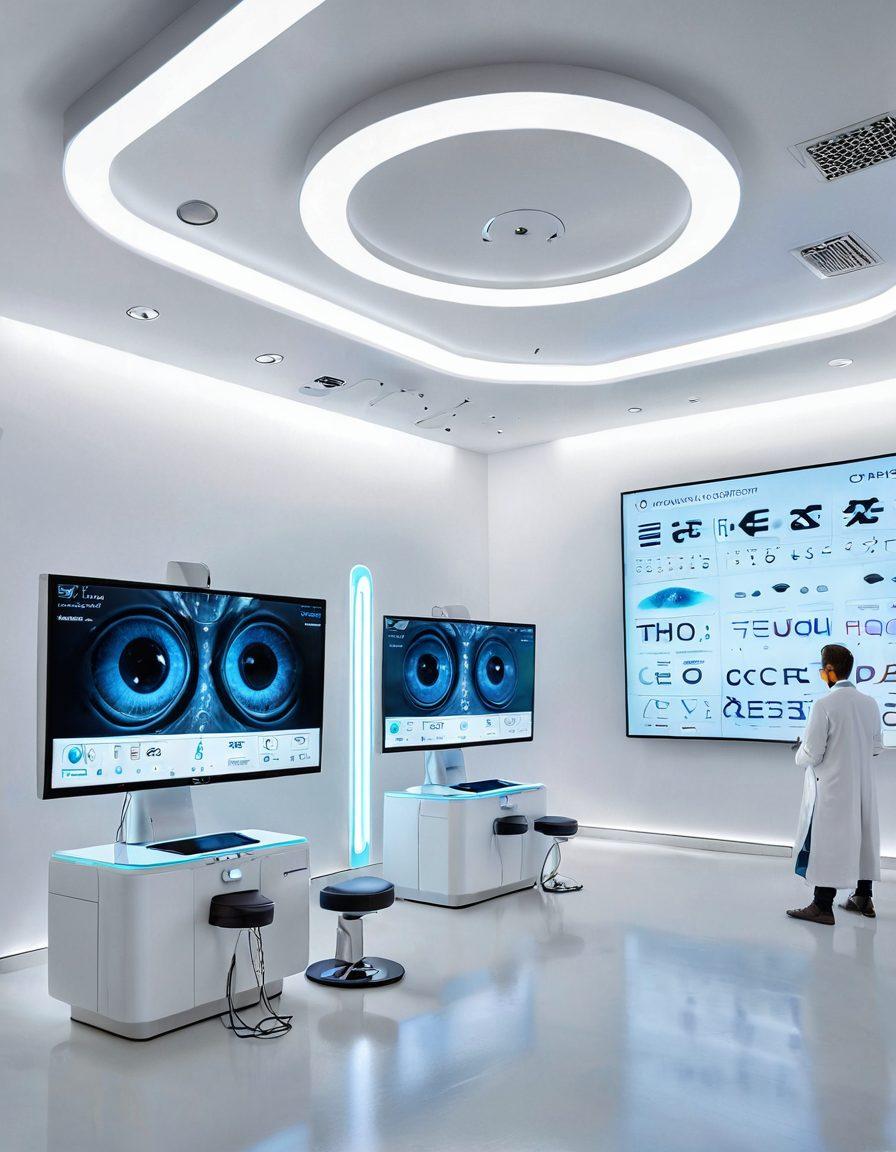 A futuristic ophthalmology clinic showcasing innovative ophthalmic products, with large screens displaying eye health data, advanced eye examination equipment, and a diverse group of people interacting with virtual reality eye tests. Soft, ambient lighting and modern design elements create an inviting atmosphere. The scene captures the essence of transformation in vision and eye care. super-realistic. vibrant colors. white background.