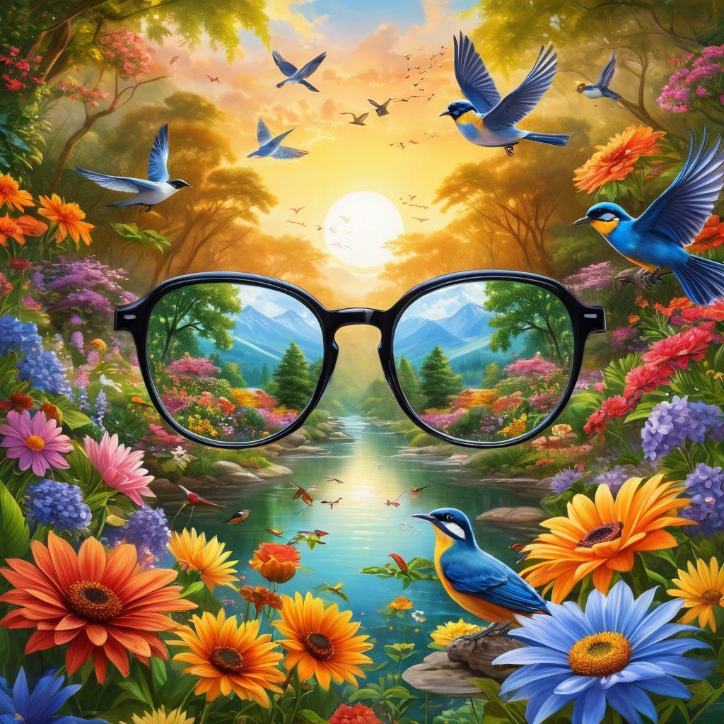 A serene landscape featuring a pair of thriving, bright eyes at the center, surrounded by lush nature, vibrant flowers, and soaring birds, symbolizing enhanced sight and eye wellness. Include elements of light reflection, glasses with glowing lenses, and paths leading to wellness solutions for healthy vision. The atmosphere should evoke a sense of joy and tranquility. super-realistic. vibrant colors. soft focus.