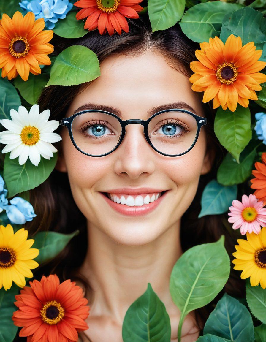 A serene scene featuring a pair of smiling eyes surrounded by vibrant flowers and soft sunlight filtering through leaves, symbolizing eye wellness and happiness. Incorporate elements like magnifying glasses and gentle waves to represent clarity and vision. The background should be a calming sky blue, enhancing the refreshing feel of the image. super-realistic. vibrant colors. white background.